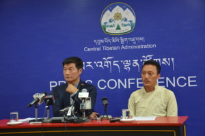 Sikyong Dr Lobsang Sangay and Mr Tempa Gyaltsen, Researcher at TPI’s Environment and Development Desk at the press conference today, Lhakpa Tsering hall, DIIR, 8 June 2016.