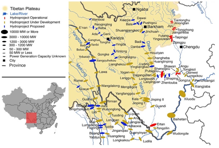 Figure 2. Dams constructed or planned along the Yangtse and its three main tributaries. Buckley, M. (2014). Meltdown in Tibet.